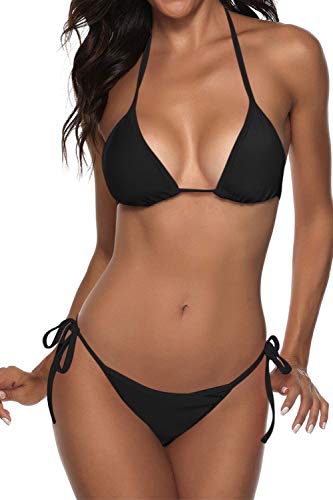 Women Two Piece Swimsuit Sexy Swimwear Halter String Triangle Bikini Sets Black S