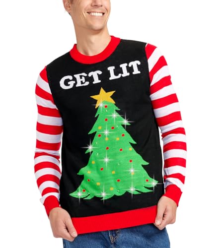 Tipsy Elves Men's Light Up Christmas Sweater - Black Lit Funny Ugly Christmas Sweater Size X-Large