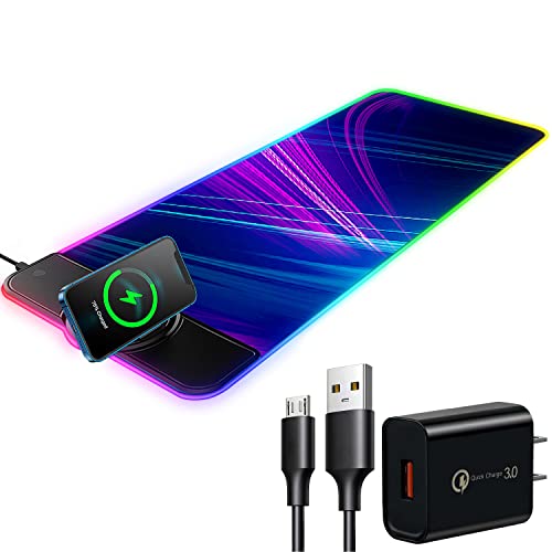 VEWINGL RGB Large Gaming Mouse Pad with Wireless Chargering,15W Fast Wireless Charging Desk Pad,Premium Microfiber Cloth,Non-Slip Base,10 Light Modes Keyboard Pad for Gaming,PC,Laptop 31.5' × 11.81'