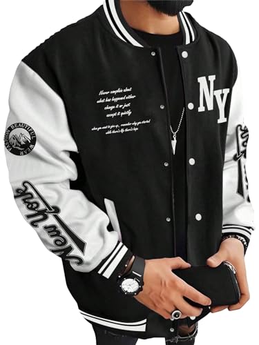 SOLY HUX Men's Varsity Jacket Color Block Letter Graphic Long Sleeve Baseball Jacket Bomber Coat Black Letter M