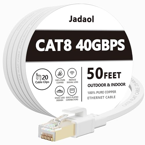 Cat8 Ethernet Cable, Outdoor&Indoor, 50 FT Heavy Duty High Speed Cat 8 LAN Network Cable, 40Gbps 2000MHz RJ45 Flat Internet Computer Patch Cord, Weatherproof S/FTP UV Resistant for Router/Modem/Gaming