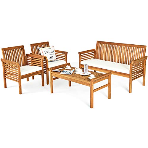 Tangkula 4 Piece Outdoor Acacia Wood Sofa Set with Water Resistant Cushions, Padded Patio Conversation Table Chair Set w/Coffee Table for Garden, Backyard, Poolside (1)