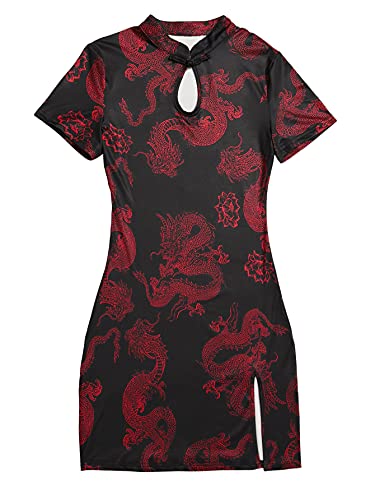 SOLY HUX Women's Chinese Cheongsam Dragon Print Qipao Mini Bodycon Dress Black Red L