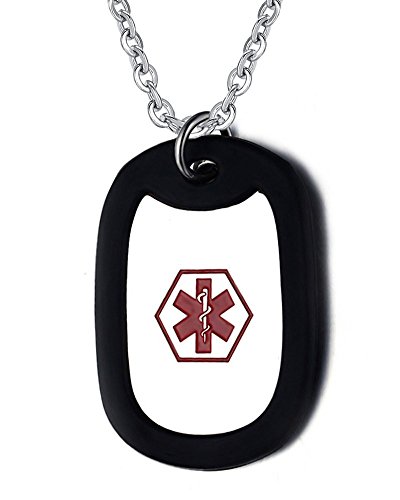 Personalized Medical Alert Necklace | Customized Stainless Steel Emergency Medical ID Dog Tag Pendant Necklace For MensTeens,Allergy Alert Identification Necklace, 24' Chain (dogtag with silencer)