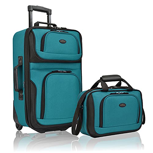 U.S. Traveler Rio Rugged Fabric Expandable Carry-on Luggage, 2 Wheel Rolling Suitcase, Teal, Set