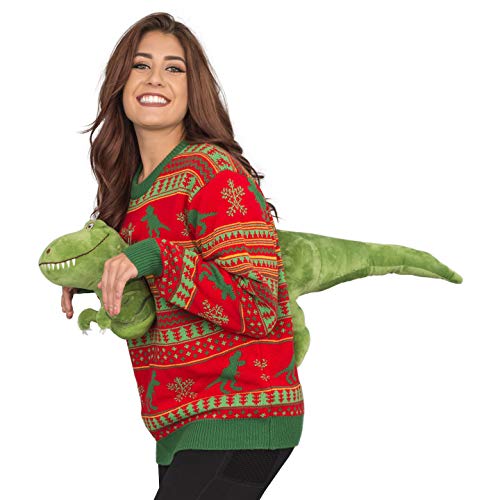 3D T-Rex Red and Green Adult Ugly Christmas Sweater (Large)