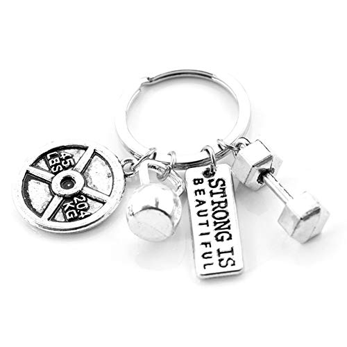 ShiQiao Spl Fitness Gym Keyring with Quotes Weight plate Dumbbell and Kettlebell Exercise Strong is Beautiful Charm Pendant Keychain Gifts for Daddy Husband Boyfriend