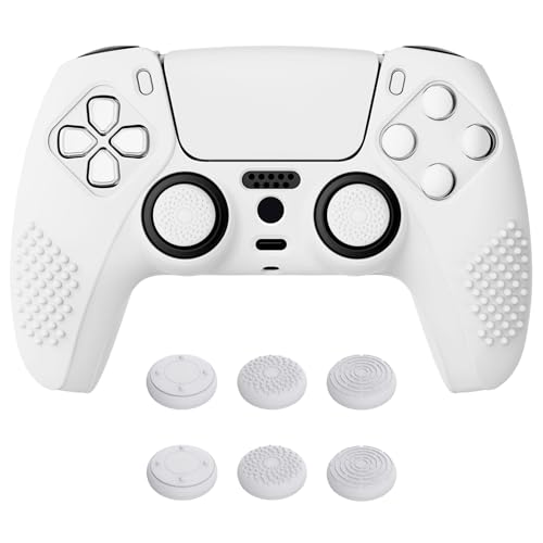eXtremeRate PlayVital White 3D Studded Edition Anti-Slip Silicone Cover Skin for ps5 Controller, Soft Rubber Case for ps5 Wireless Controller with 6 White Thumb Grip Caps