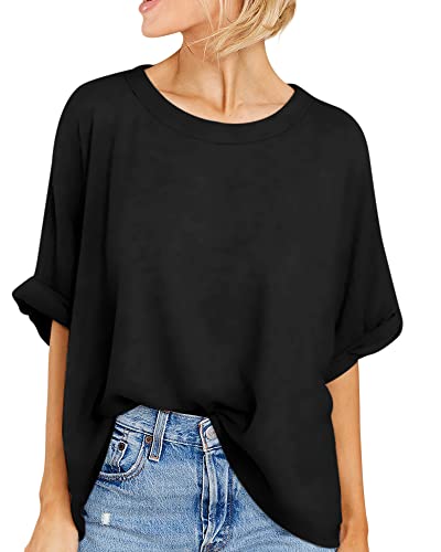 Womens Short Sleeve Oversized Tops Summer Crew Neck Loose Casual Tee T-Shirt Black