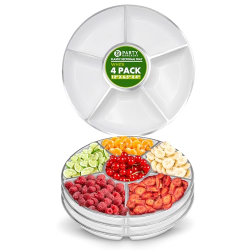 PARTY BARGAINS 12' Round Plastic Serving Tray, 6-Sections, White with Silver Rim, Pack of 4