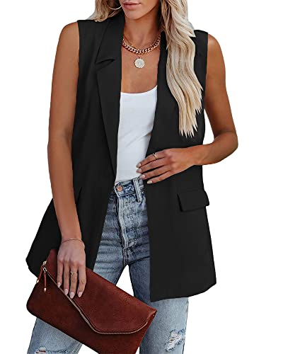 Cicy Bell Women's Sleeveless Blazer Vest Casual Open Front Single Button Summer Jacket with Pockets Black