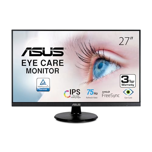 ASUS 27” 1080P Monitor (VA27DQ) - Full HD, IPS, 75Hz, Speakers, Adaptive-sync/FreeSync, Low Blue Light, Flicker Free, VESA Mountable, Frameless, HDMI, VGA, DisplayPort, Tilt Adjustable, BLACK
