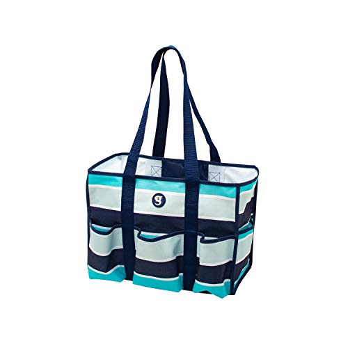 geckobrands 8 Pocket Tote, Blue/Grey Wide Stripe - Utility Travel Swimming Pool Tote Duffle Bag, for Gym and Shopping