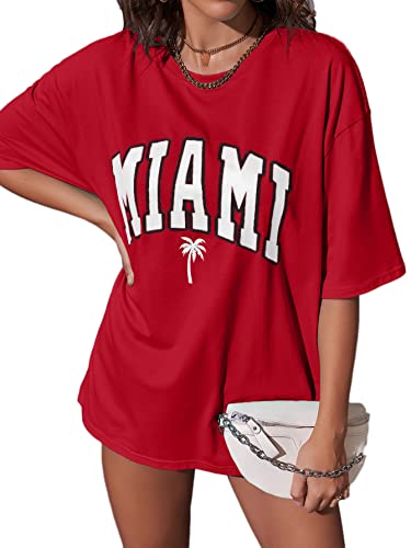 Verdusa Women's Loose Drop Shoulder Tree Miami Letter Graphic Oversized Longline Tee Shirt Tops Red M