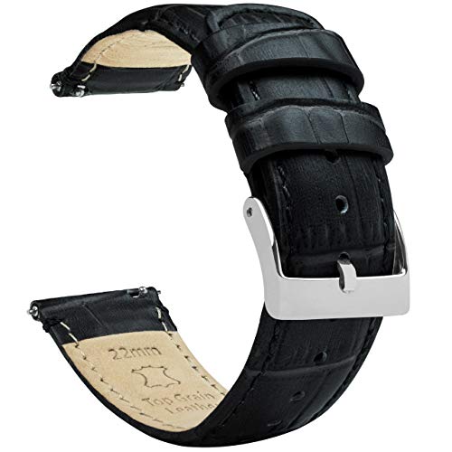 BARTON WATCH BANDS Standard Length - Alligator Grain - Quick Release Leather Watch Bands, Black & Stainless Steel Buckle, 22mm