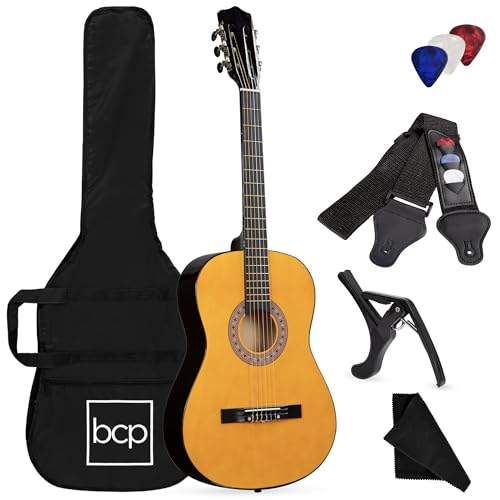 Best Choice Products 38in Beginner All Wood Acoustic Guitar Starter Kit w/Gig Bag, 6 Celluloid Picks, Nylon Strings, Capo, Cloth, Strap w/Pick Holder - Natural