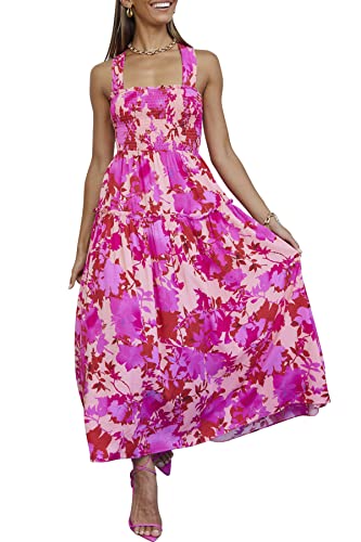 PRETTYGARDEN Women's 2024 Summer Maxi Dress Halter Neck Backless Ruffle Smocked Casual Long Flowy Boho Dresses (Pink Rose Red Floral,X-Large)