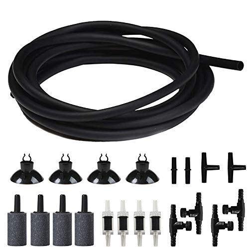 JIH Aquarium Air Pump Accessories Set -25 Feet Airline Tubing Black Standard, Air Stones,Check Valves, Suction Cups and Connectors