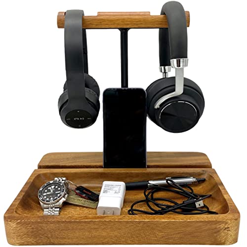 WRIGHTMART Wooden Headphone Stand, Universal Dual Headset Holder, Desktop Earphone Hanger, Cell Phone Tablet Slot, Décor for a Busy Office Workspace, Large Catch All Base Tray Acacia Wood