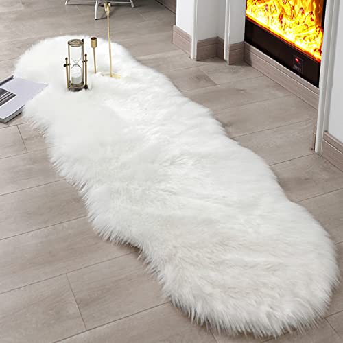 linmopm Super Soft Fluffy Faux Fur Sheepskin Rugs Bedroom Floor Sofa Living Room Runner High-Density Cushion Plush Carpet Sofa Cover Bedside Rugs (2x6 ft Sheepskin, White)