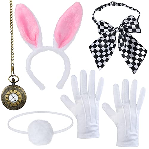 Yewong White Rabbit Costume -Easter Bunny Ears Headband Tail Bowtie Gloves-White Rabbit Clock Pocket Watch