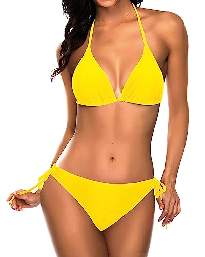 Tempt Me Women Deep Yellow Triangle Bikini Sets Halter Two Piece Sexy Swimsuit String Tie Side Bathing Suit S