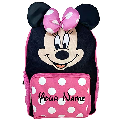 The Trendy Turtle Personalized Backpack made from Disney Minnie Mouse Face with Minnie Bow Pink with White Polka Dots Back to School or Travel Book Bag Backpack - 16 inches
