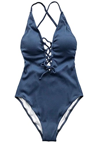 CUPSHE Women's Remind Me Solid One-Piece Swimsuit Bathing Suit,Blue,Medium (USA 8/10)