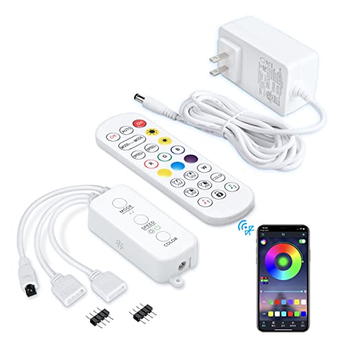 LED Remote Replacement with Controller, Bluetooth RGB LED Controller Set with APP/Music Sync Only Compatible with 12V 10mm RGB LED Lights Strip (12V/36W Power Adapter Included)