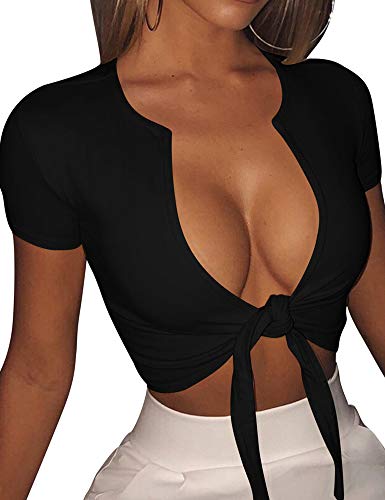 BORIFLORS Women's Sexy Tie Up Crop Top Short Sleeve Deep V Neck Casual Basic T Shirt,Small,Black