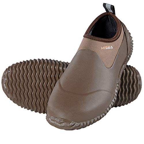 Hisea Unisex Waterproof Garden Shoes Ankle Rain Boots Mud Muck Rubber Slip-On Shoes for Women Men Outdoor Brown Size: 12 Women/10.5 Men