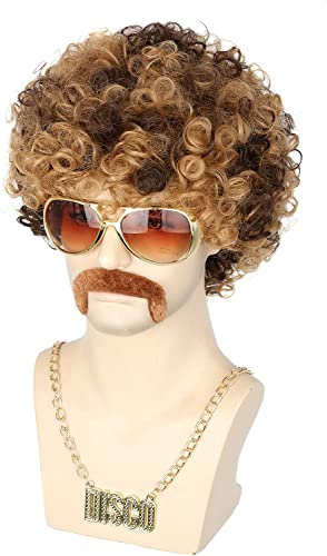 Topcosplay 3 Pieces Set Men Wigs Necklace Moustache Short Curly Halloween Wigs Blonde Mixed Brown, Glasses Not Included