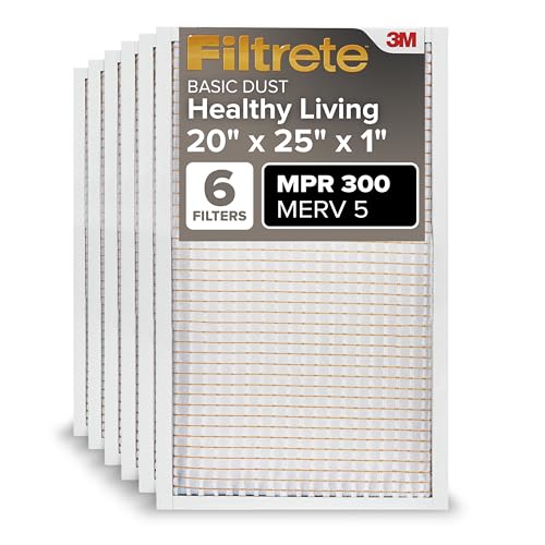 Filtrete 20x25x1 AC Furnace Air Filter, MERV 5, MPR 300, Capture Unwanted Particles, 3-Month Pleated 1-Inch Electrostatic Air Cleaning Filter, 6-Pack (Actual Size19.69x24.69x0.81 in)
