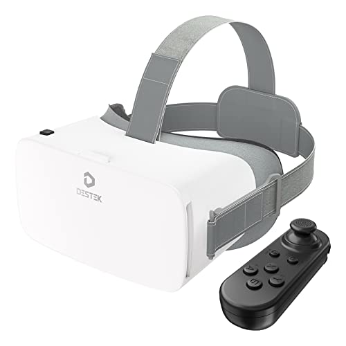 DESTEK V5 VR Headset for Phone with Controller, 110° FOV Eyes Protected Anti-Blue HD Lenses, VR Goggles Virtual Reality Headsets for iPhone 15/14/13/12/11, Samsung, Android - White