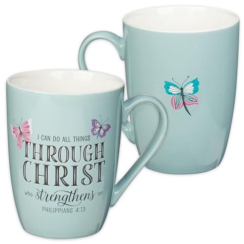 Christian Art Gifts Ceramic Coffee Mug for Women 12 oz Light Blue with Butterflies Inspirational Coffee Cup - All Things Through Christ - Philippians 4:13Novelty Microwave and Dishwasher Safe