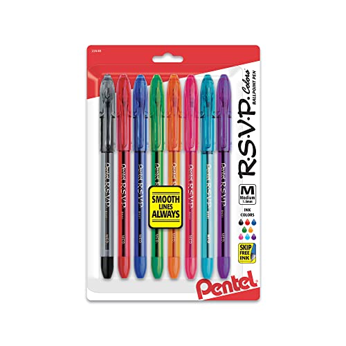 Pentel R.S.V.P. Ballpoint Pens, Medium Point, 1.0 mm, Clear Barrel, Assorted Ink Colors, Pack Of 8