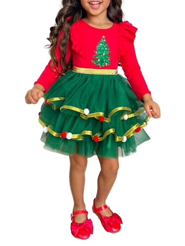 Shunvnny Toddler Girl Christmas Mrs. Santa Claus Dress Long Sleeve Bow Front Layered Tulle Dress (B-Christmas Tree, 6 Years)