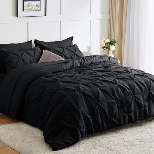 CozyLux King Size Comforter Set - 7 Pieces Comforters Black, Pintuck Bed in A Bag Pinch Pleat Bedding Sets with All Season Comforter, Flat Sheet, Fitted Sheet and Pillowcases & Shams