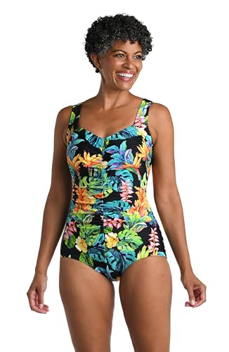 Maxine Of Hollywood Women's Standard Shirred Front Girl Leg One Piece Swimsuit, Black//Oahu Oasis