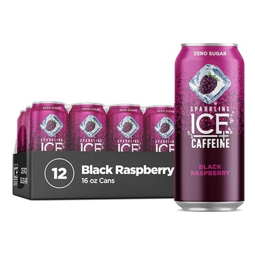 Sparkling Ice +Caffeine Black Raspberry Sparkling Water, with Antioxidants and Vitamins, Zero Sugar, 16 fl oz Cans (Pack of 12)