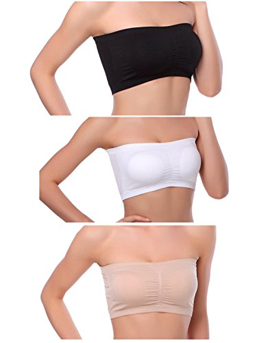 Venbond 3Pack Women's Seamless Bandeau Crop Tube Top Bra Strapless Padded Brarette (L, Assorted 3 Colors)