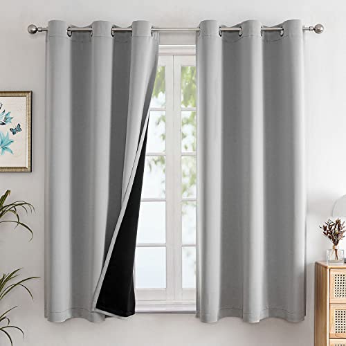 ChrisDowa 100% Blackout Curtains for Bedroom with Black Liner, 2 Thick Layers Total Blackout Thermal Insulated Grommet Window Curtains 63 Inch Length 2 Panels Set (Light Grey, 42 x 63 Inch)