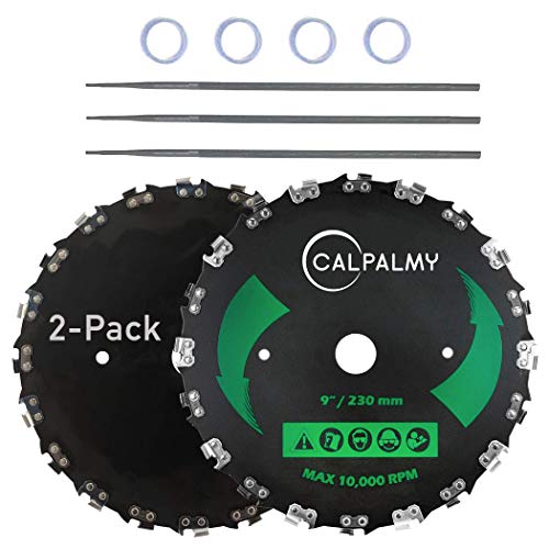 (2-Set) 9' x 20T Chainsaw Tooth Brush Blades - Weed Eater Saw Blade Kit with 2 Carbon Steel Round Chainsaw Blades, 3 Round Files, and 4 Washers for Brush Cutters, String Trimmers, and Weed Wreckers