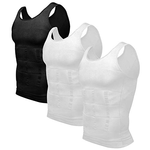 Odoland Men's 3 Pack Body Shaper Base Layer Shirt Tummy Shirt, Black/White/White, L