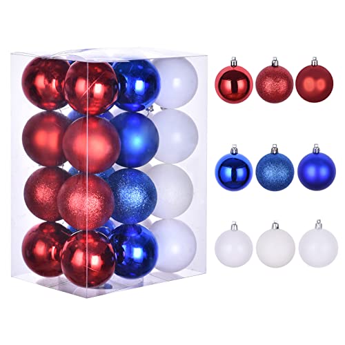 24ct 4th of July Patriotic Decorations Ball Ornaments, 2.36' Shatterproof Christmas Tree Decorations, Perfect Hanging Ball for Indoor/Outdoor Independence Day Holiday Party Decor(Red White Blue)