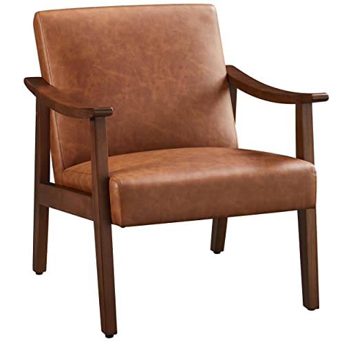 Yaheetech PU Leather Accent Chair, Mid-Century Modern Armchair with Solid Wood Legs, Reading Leisure Chair with High Back for Living Room Bedroom Waiting Room, Brown