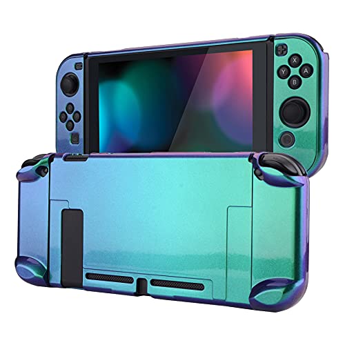 eXtremeRate PlayVital Glossy Back Cover for Nintendo Switch Console, NS Joycon Handheld Controller Separable Protector Hard Shell, Dockable Protective Case for Nintendo Switch - Chameleon Green Purple