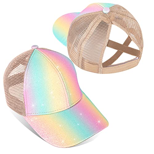 Girls Glitter Baseball Cap Criss Cross Hat, Girl High Ponytail Hat - Kids Trucker Hat with High Bun Messy Ponytail(Ages5-15)