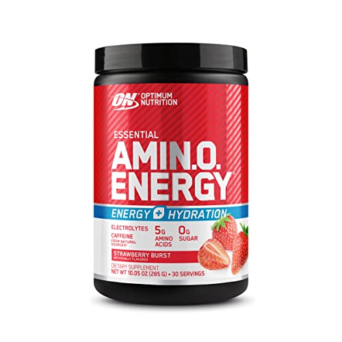 Optimum Nutrition Amino Energy Powder Plus Hydration, with BCAA, Electrolytes, and Caffeine, Strawberry Burst, 30 Servings (Packaging May Vary)