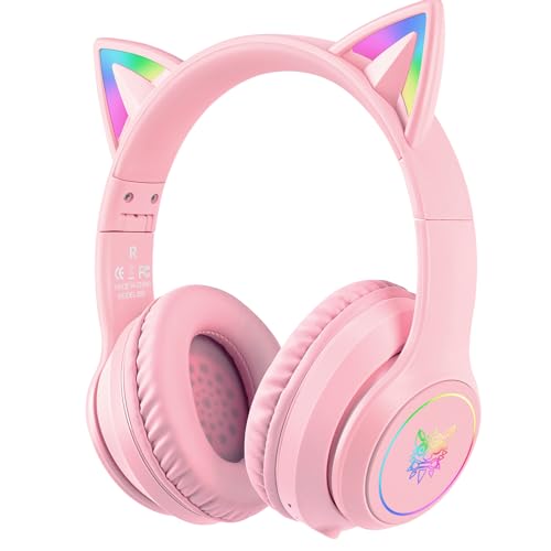 Bluetooth Kids Headphones with Microphone, Cat Ear LED Light Up and 85dB Volume Limiting Toddlers Study Headphones, Wireless Foldable HI-FI sound Over-Ear School Headphones for iPhone/iPad/Laptop/PC